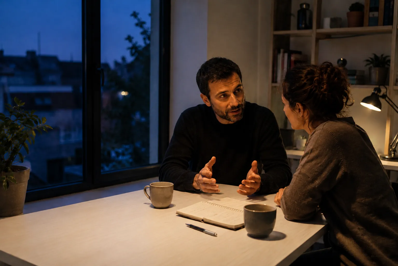 Dos personas hablando sobre el negocio